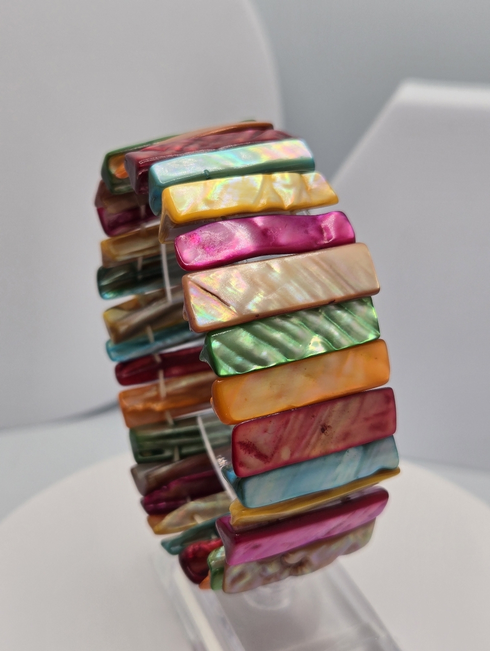 Vintage Mother of Pearl Stretch Cuff Bracelet Rainbow Iridescent  Boho Chic